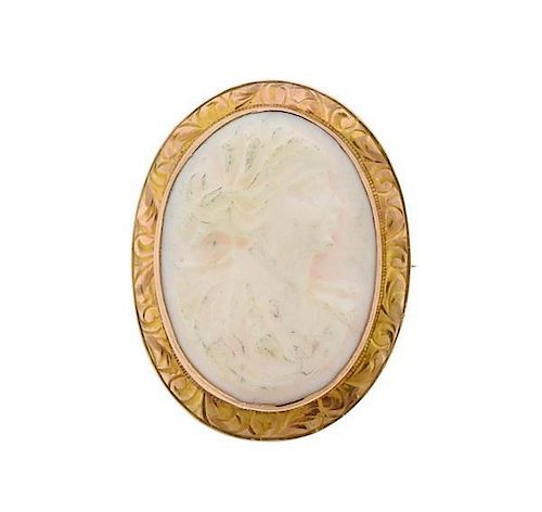 Antique 10K Gold Coral Cameo Brooch Pendant