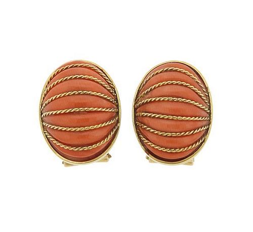 18K Gold Coral Oval Earrings