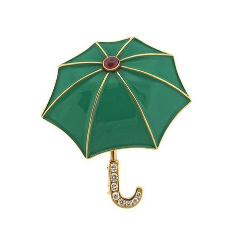 Fred Paris 18K Gold Diamond Gemstone Enamel Umbrella Brooch