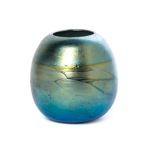 A Durand Blue Iridescent Glass Vase, Height 4 inches.