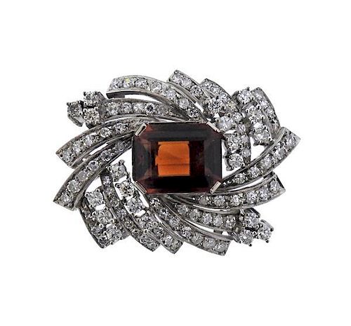 Platinum 5.85ct Orange Garnet Diamond Brooch Pendant