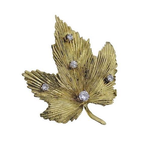 18k Gold Diamond Leaf Brooch Pin