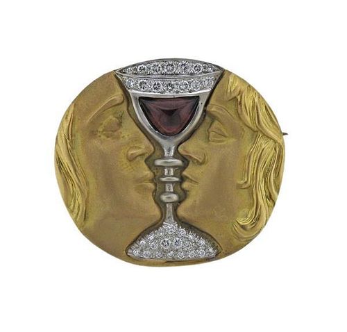 18K Gold Brown Stone Diamond Brooch Pin