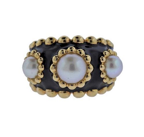 Chanel 18k Gold Pearl Black Enamel Ring