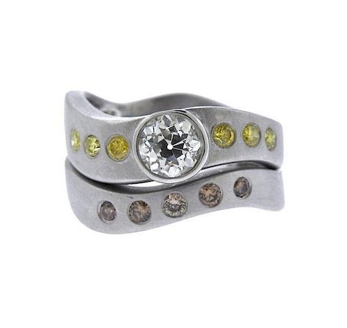 Platinum Gold Diamond Wave Engagement Wedding Ring Set