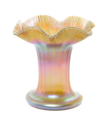 A Quezal Gold Iridescent Glass Vase, Height 6 1/2 inches.