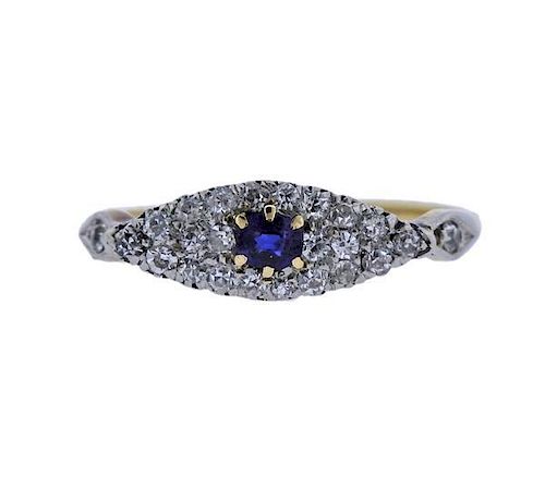 Antique 18K Gold Platinum Diamond Sapphire Ring