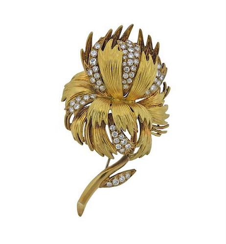 18k Gold Diamond Flower Brooch Pin