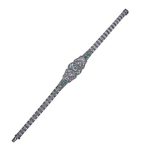 Art Deco Platinum Diamond Emerald Bracelet