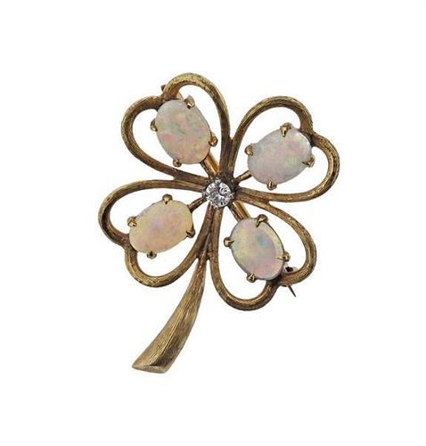 14k Gold Diamond Opal Flower Brooch Pin
