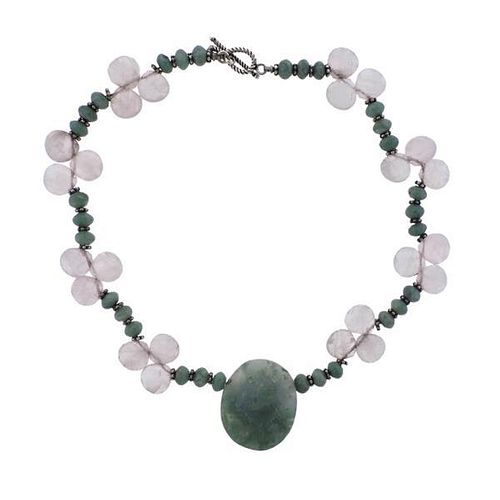 Sterling Silver Pink Green Gemstone Necklace