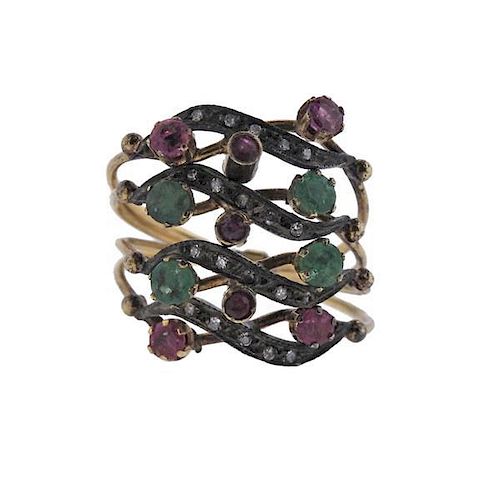 Antique Gold Silver Diamond Emerald Ruby Harem Ring