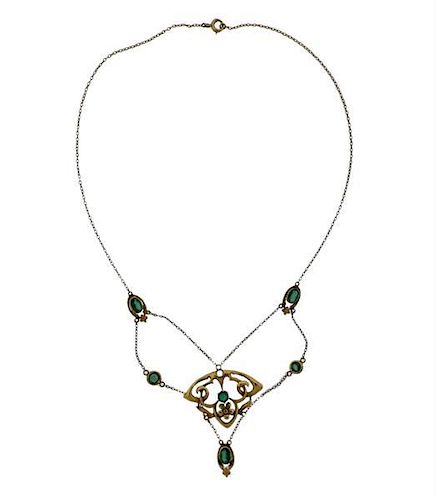Art Nouveau Gold Green Stone Lavalier Necklace