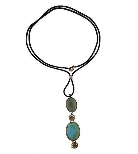 14k Gold Cord Turquoise Pendant Necklace