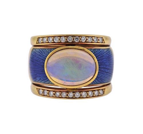 18k Gold Diamond Opal Enamel Ring