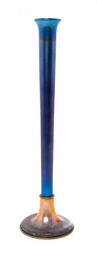 A Tiffany Studios Blue Favrile Glass and Enameled Stick Vase, Height overall 12 3/4 inches.