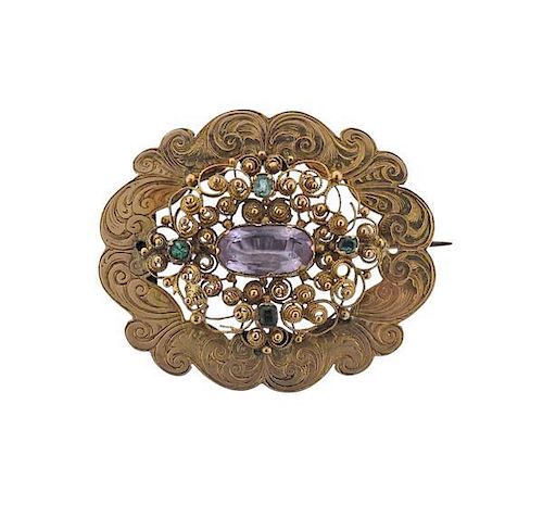 Antique 14k Gold Pink Green Stone Brooch