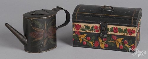 Black toleware teapot and dome lid box, 19th c.