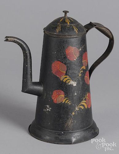 Black toleware coffeepot, 19th c.