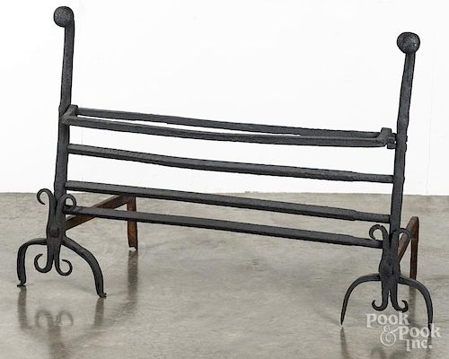 Pair of wrought iron andirons with crossbars