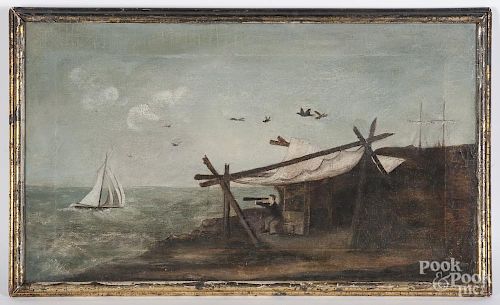 Oil on canvas primitive coastal scene
