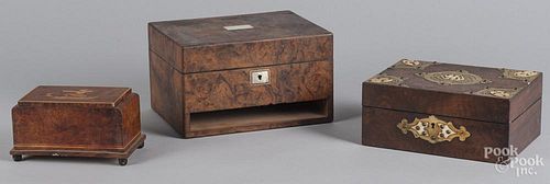 Three English burl veneer dresser boxes, 19th c.