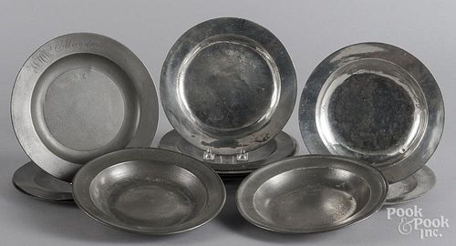 Thirteen English and Continental pewter plates
