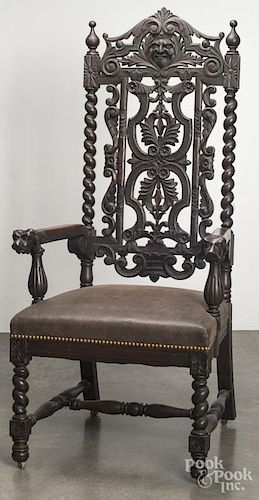 Gothic revival carved oak armchair, ca. 1900.