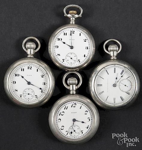Four Elgin silveroid pocket watches