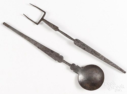 Wrought iron flesh fork and dipper, 19th c.