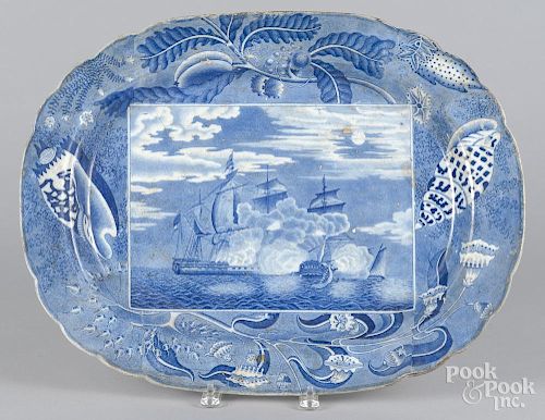 Blue Staffordshire platter with naval engagement