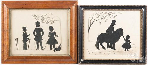 Two watercolor silhouette groups, 19th c.