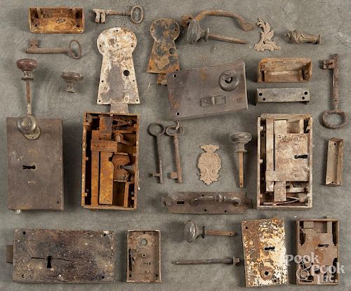 Collection of early iron door locks.
