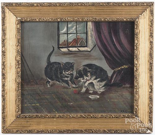 English oil on canvas of two cats playing