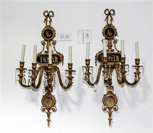 A Pair of Neoclassical Gilt Bronze Four Light Sconces Height 36 1/2 inches.