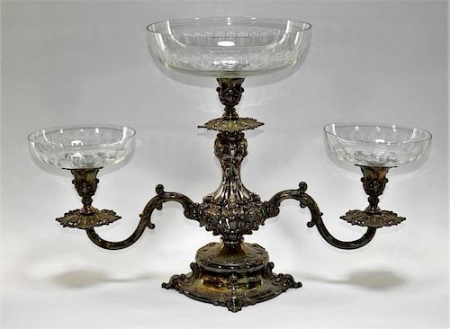 19C Reed & Barton Silverplate Etched Glass Epergne