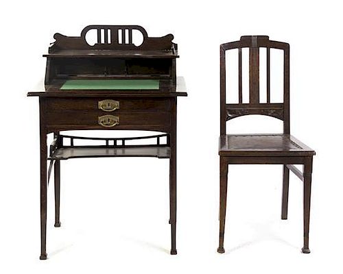An Art Nouveau Oak Lady's Writing Desk, Height 40 1/2 x width 27 x depth 19 inches.