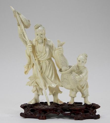 Chinese Carved Ivory Elder Man & Boy Fishing