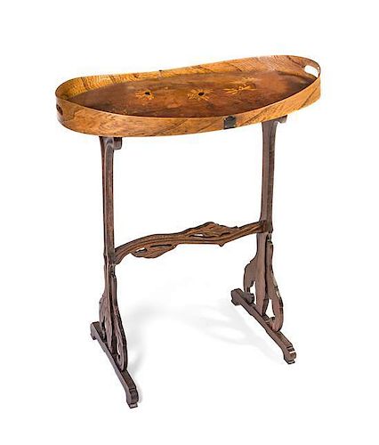 A Galle Marquetry Tray on Stand, Height 30 3/4 x width 27 1/4 x depth 16 inches.
