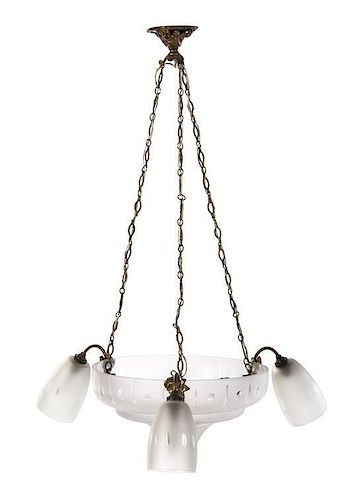 An Art Nouveau Molded and Frosted Glass Four-Light Chandelier, Height 33 inches.