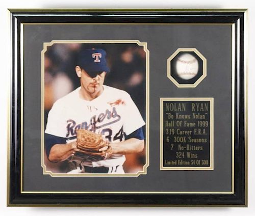 Framed Nolan Ryan Autographed Baseball w/ Photo