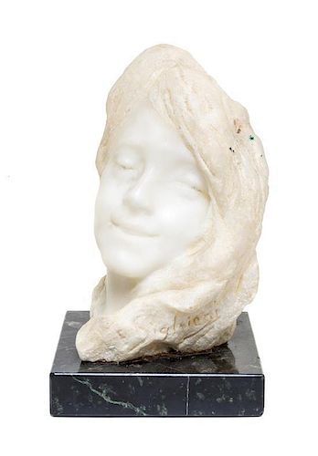 An Italian Art Nouveau Alabaster Bust, Enzo Sighieri, Height of bust 5 5/8 inches.