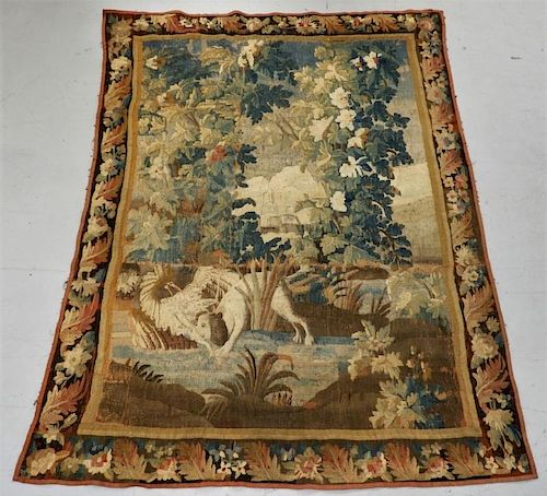 17C. Continental Wool Tapestry of Hound Dog & Bird