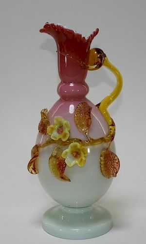 19C. Bohemian Pink Cased Glass Applied Floral Ewer