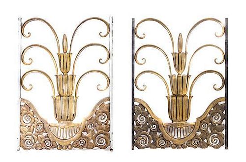 Two Edgar Brandt Gilt Bronze Balcony Grills, from the Au Bon Marche Staircase, Height 33 3/4 x width 25 inches.
