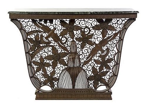 A French Art Deco Wrought Iron and Marble Console Table, Height 34 x width 50 1/2 x depth 16 inches.