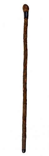 354. Japanese Carved Folk-Art Cane – Ca.1890 – A split bamboo root cane with an ornate silver metal hand-worked collar, a