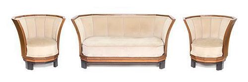 A French Art Deco Walnut Parlor Suite, Width of settee 58 7/8 inches.