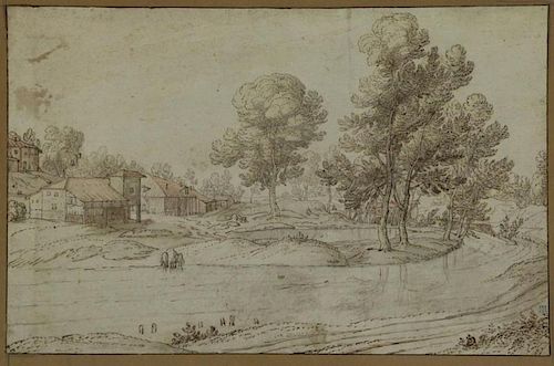 Flemish School, 17th C. River Scene. Ink and Wash