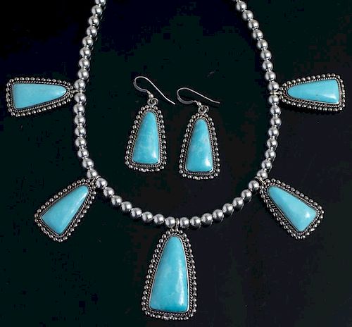 Navajo Style Silver & Turquoise Necklace & Earrings